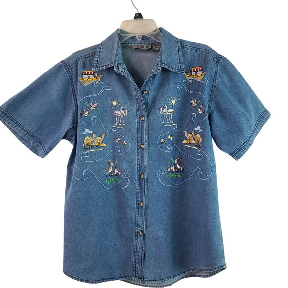 Way to Go Blue Denim Noah's Arc Animals Embroidered VTG Short Sleeve Top Shirt M - Picture 2 of 3